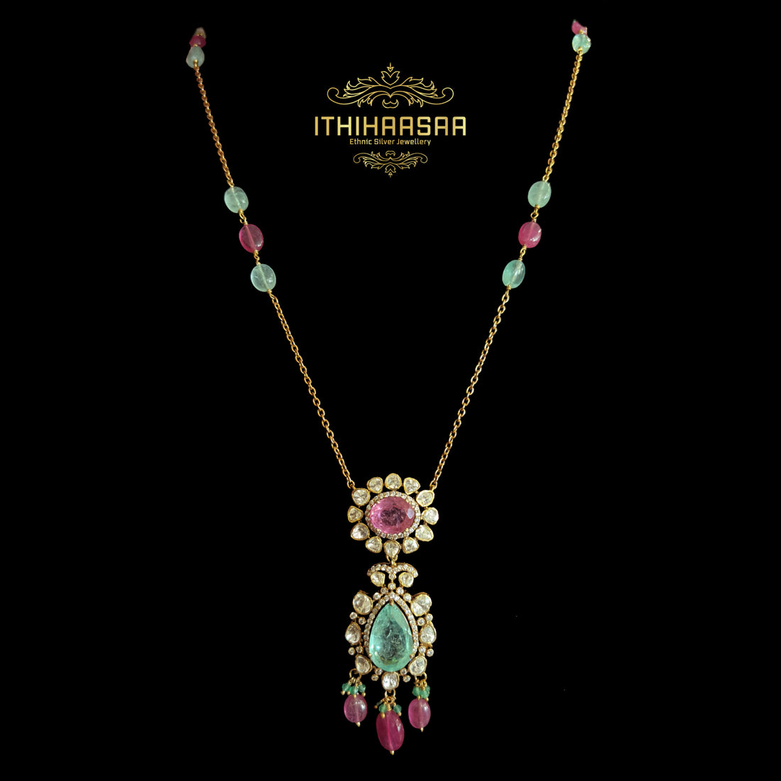 Aadhira Uncut Polki Necklace with Rich Lab Grown Russian Emerald & Tourmalines Set