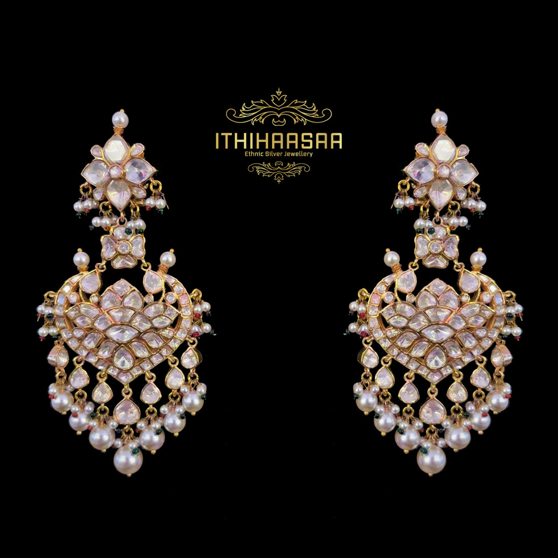Anika Uncut Polki Danglers with real pearls made with 92.5 silver