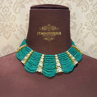 layered Turquoise Green Onyx Beads highlighted with Semi-Precious Uncut Polki stones, with 92.5 hallmark siver
