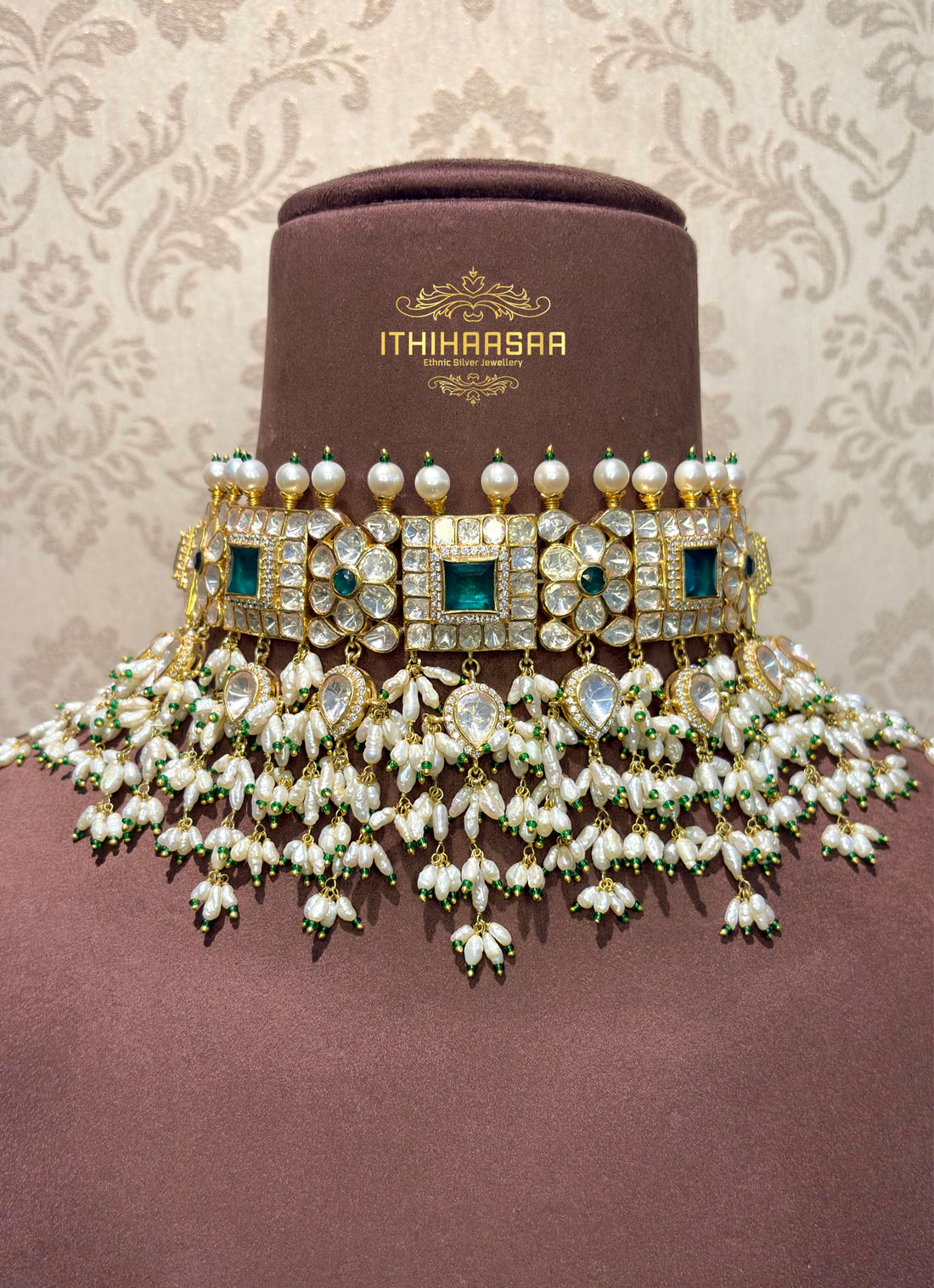 handcrafted  Real Rich KC Pearls, Semi-precious Uncut Polkis and Emeralds with 92.5 silver choker