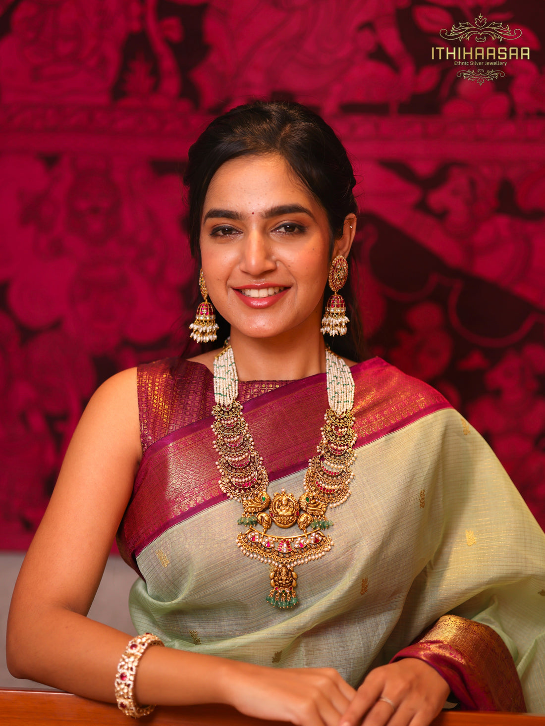 24ct Gold Plated Royal Antique Vintage Nakshi Kundan Grand Goddess Lakshmi Pearl Haar in Hallmark Pure Silver 92.5, with Real Pearls paired with kundan and pearl drop jhumkas