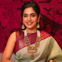 24ct Gold Plated Royal Antique Vintage Nakshi Kundan Grand Goddess Lakshmi Pearl Haar in Hallmark Pure Silver 92.5, with Real Pearls paired with kundan and pearl drop jhumkas