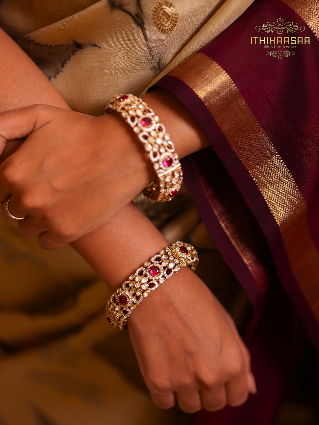Uncut Polki Ruby Pair Bangles made with 92.5 silver