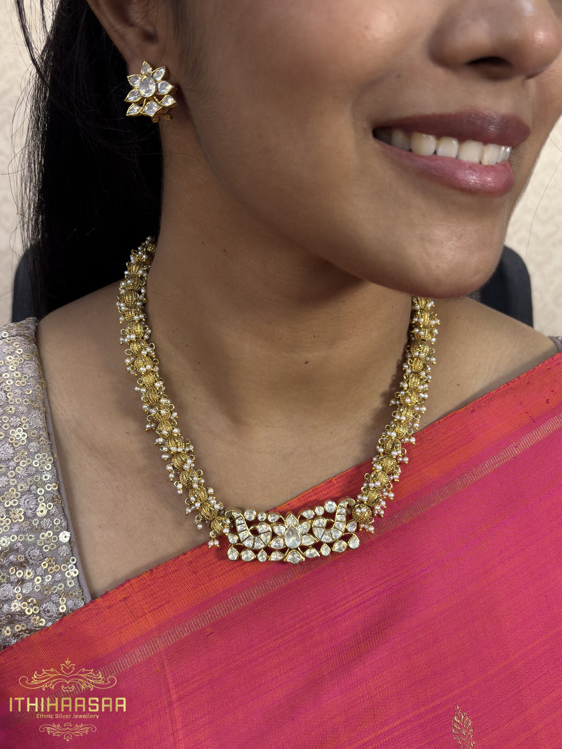 Srivika Statement Antique Uncut Polki Pearl Necklace
