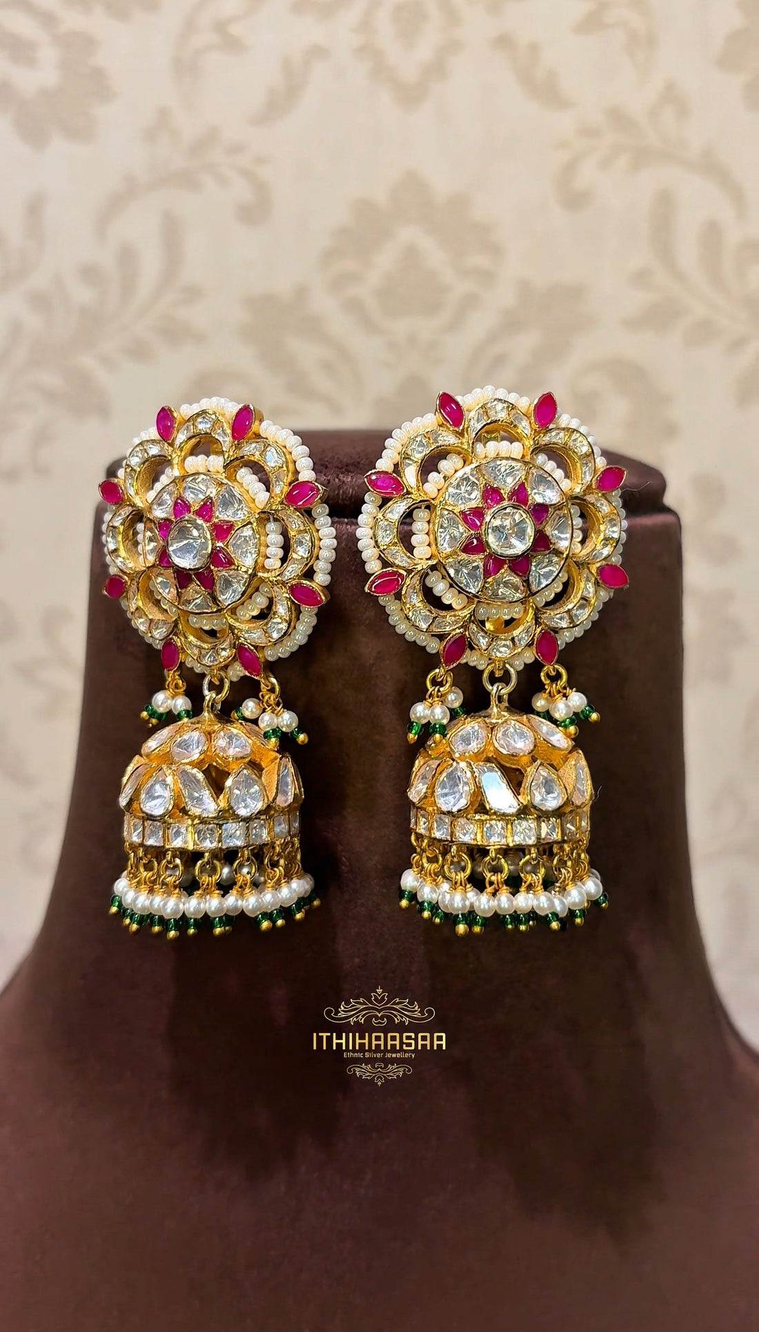 Semi precious uncut polki jhumka made with 92.5 pure silver by gold karigars
