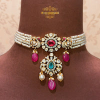 Uncut Polki Pearl Choker with real pearls, rubies and Russian emeralds made with 92.5 silver handcrafted by gold karigars