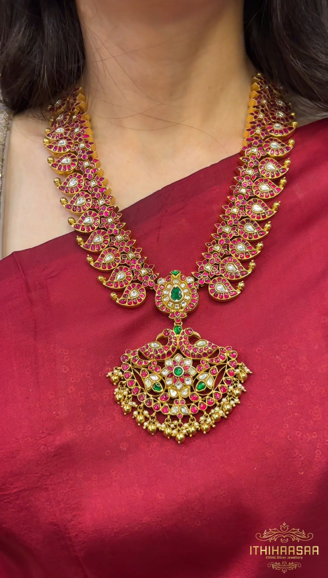 Double-Sided Mango Mala with ear cuff jhumkas crafted in  92.5 hallmark silver with kundan stones in 24ct gold plating  