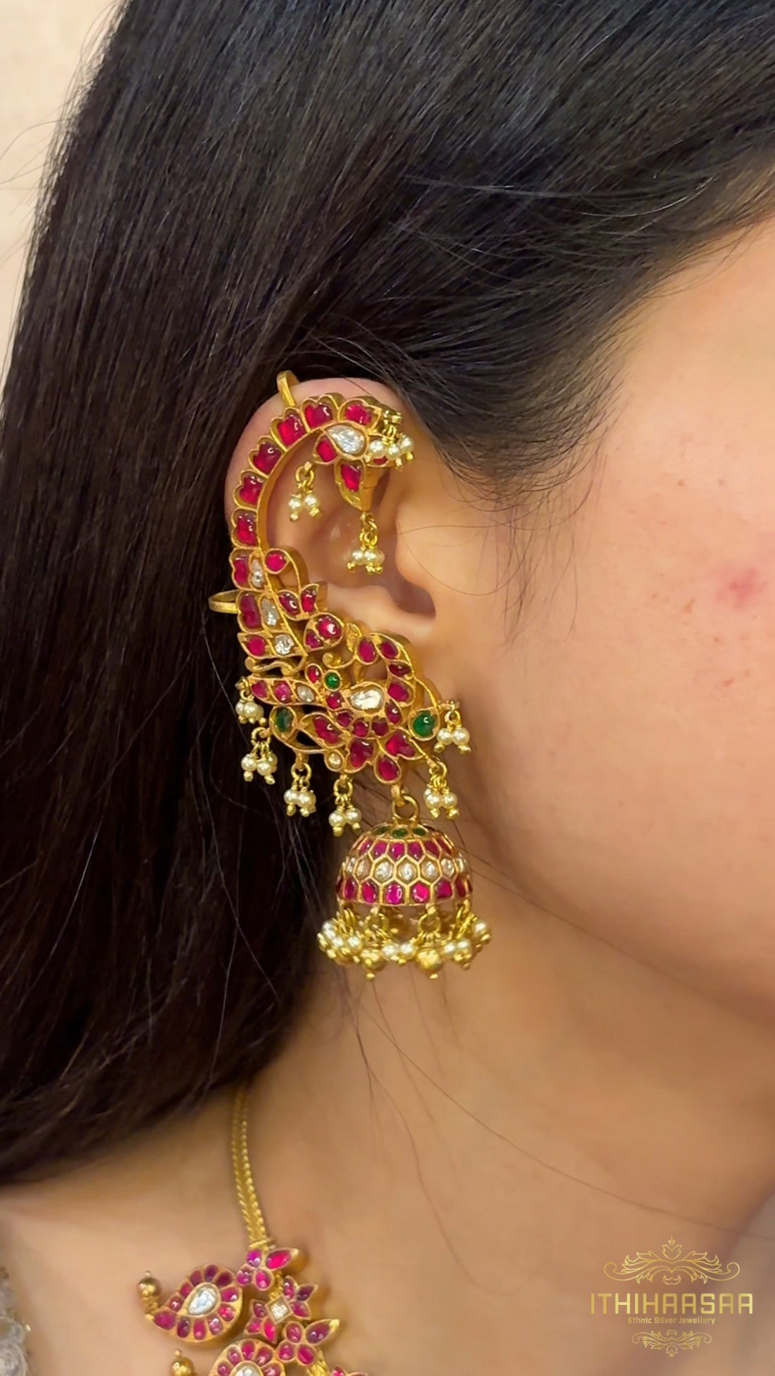 Double-Sided Mango Mala with ear cuff jhumkas crafted in  92.5 hallmark silver with kundan stones in 24ct gold plating  