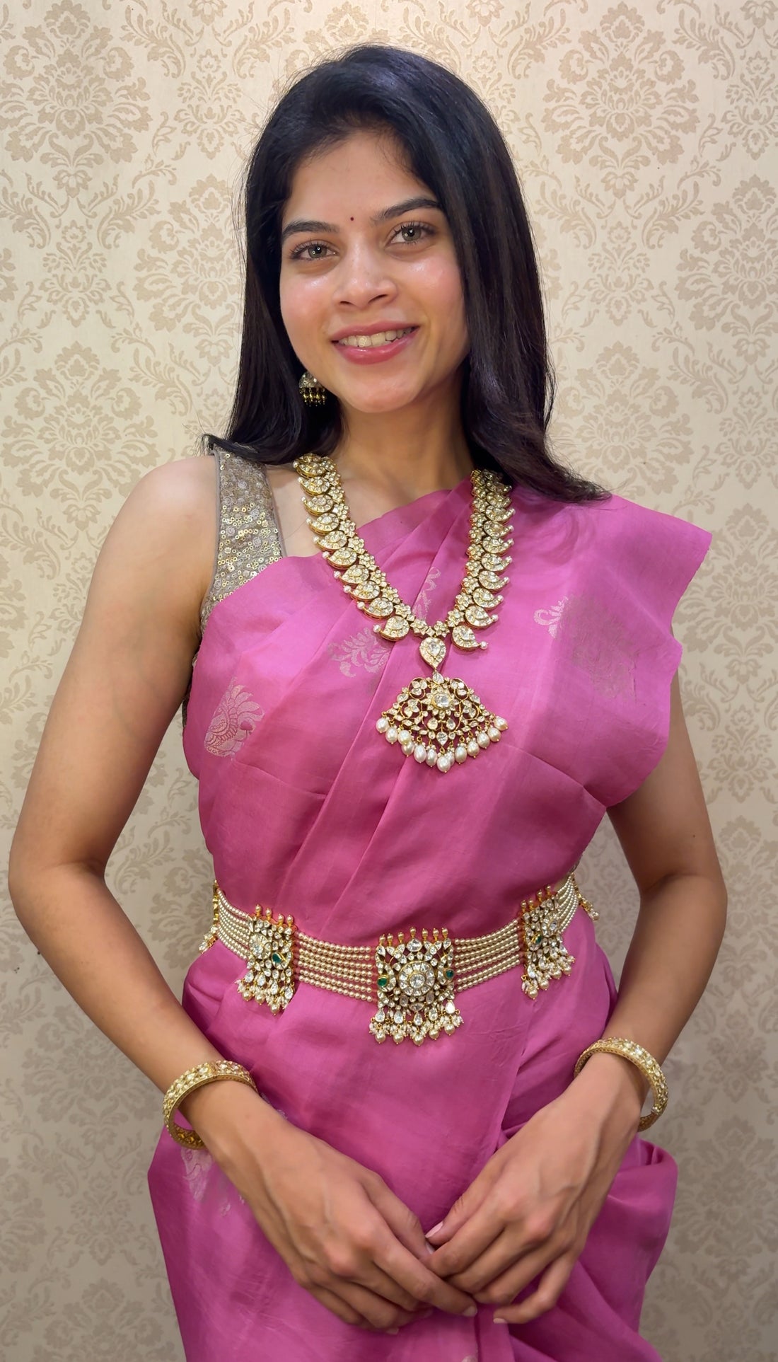  Uncut Polki Pearl Waist belt with real pearls and peacock motifs and 92.5 hallmark silver