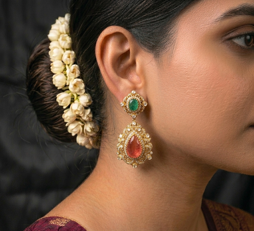Uncut Polki earrings with Stunning Tourmaline and Emerald stones with 92.5 silver