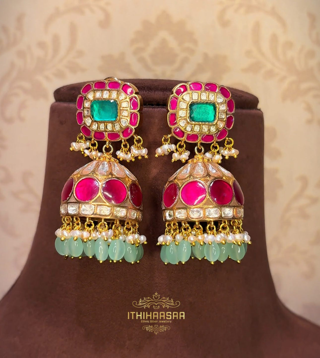 Antique Real Pearl Polki jhumkas in kundan stones handcrafted in 92.5 silver and 24ct gold plated