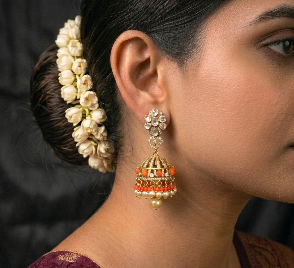 coral stone with uncut polki jhumka made with 92.5 silver