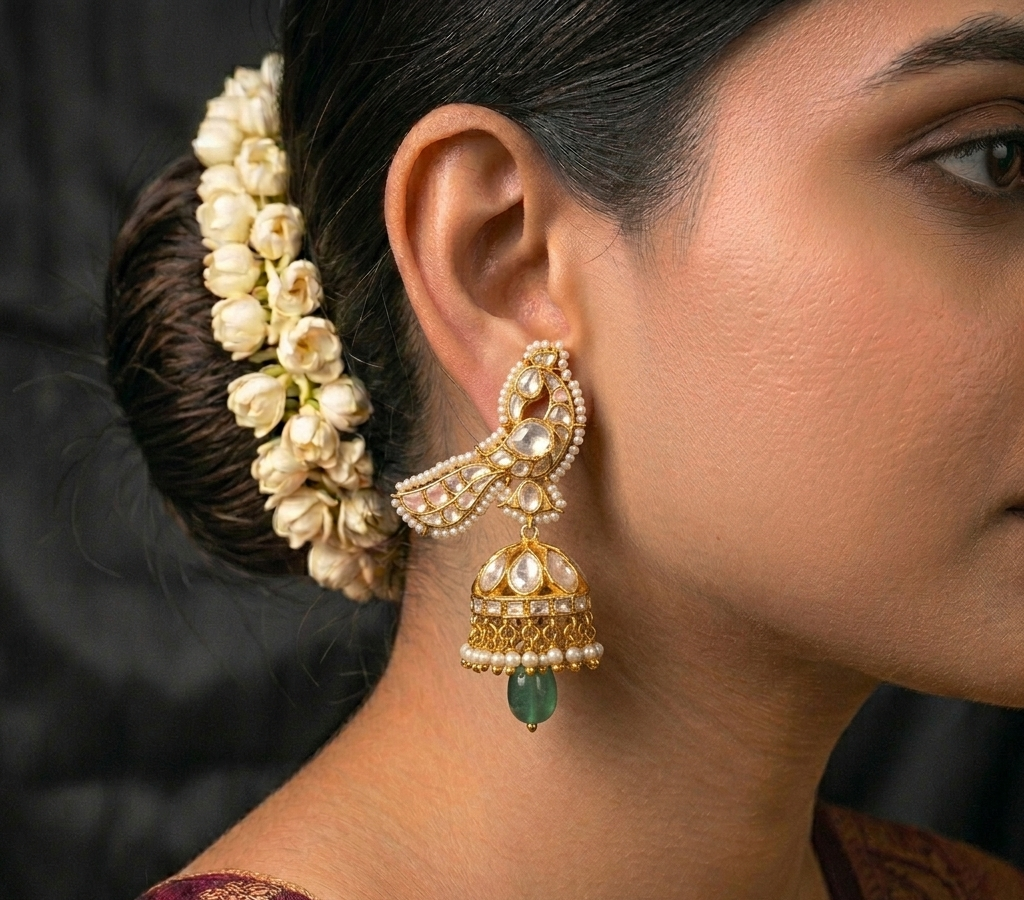 peacock motif uncut polki jhumka with 92.5 silver