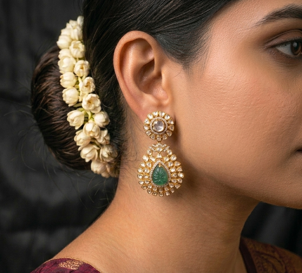 Grand uncut polki earring wih green stone made with 92.5 silver